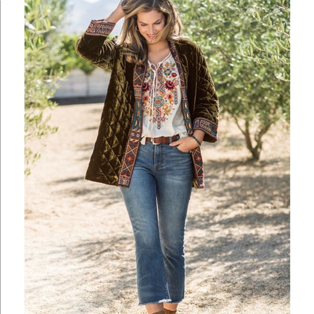 Johnny Was Olive Green Quilted Embroidered Trim Jacket